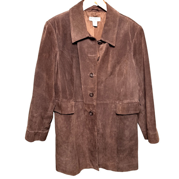 Women's Brown Suede Leather Coat Size 2X Button Front Mid Length Preston York - Picture 1 of 10